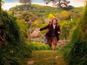 Bilbo Baggins runs to catch up with the party of dwarves headed off on an unexpected journey.