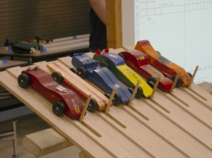 Pinewood Derby track starting line.