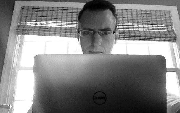 Blogging with brooding intensity at sunrise