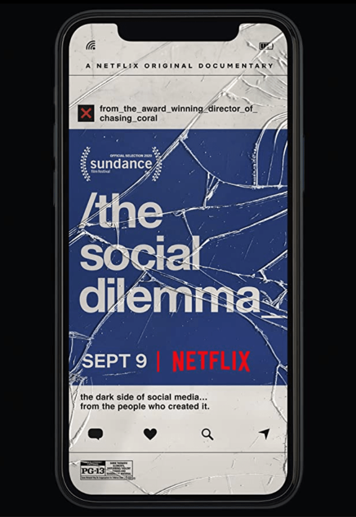 image of cracked cell phone screen with ad for social dilemma documentary