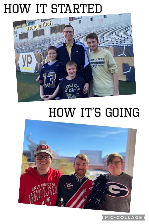 collage of two photos, one of dad and sons in Georgia Tech apparel and one of sons in Georgia Bulldog apparel