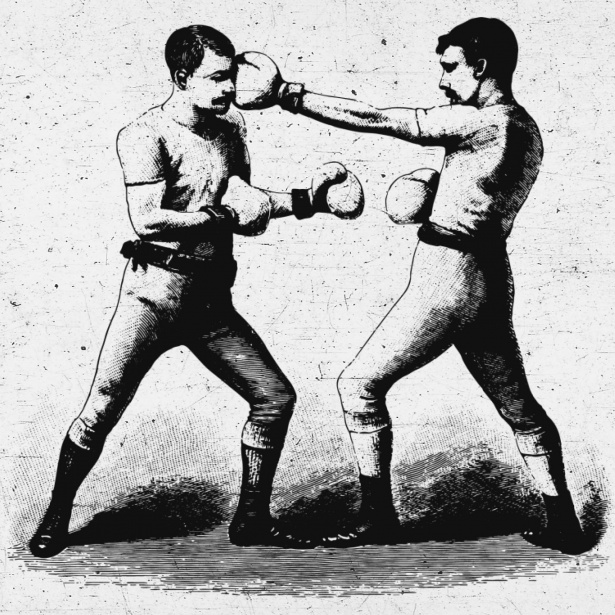 vintage sketch of two men with mustaches boxing