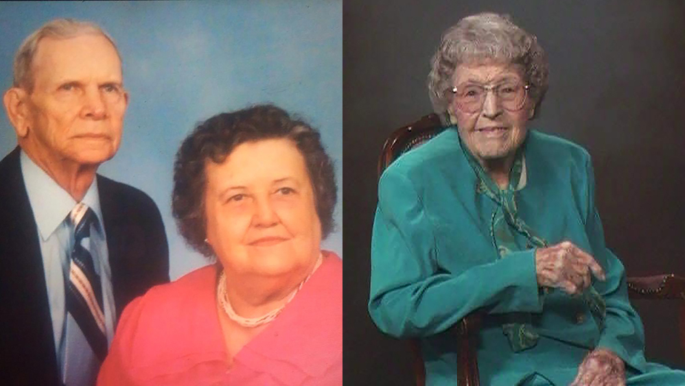 Two portraits side-by-side of Lance Wallace's grandparents. The image on the left is of Ernest Wallace in a navy suit and striped necktie on the left and Addie Wallace in a rose-colored dress on the right. The image on the left is of Minnie Ruth Elrod in a green suit seated in a chair and wearing glasses.