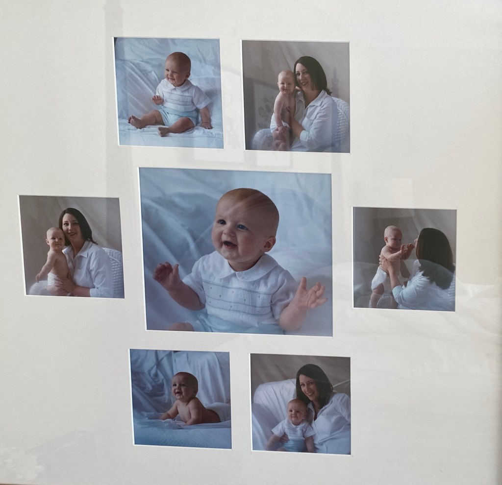 Collage of photos of in a frame of Barron Wallace as an infant with his mother, Carla Wallace.