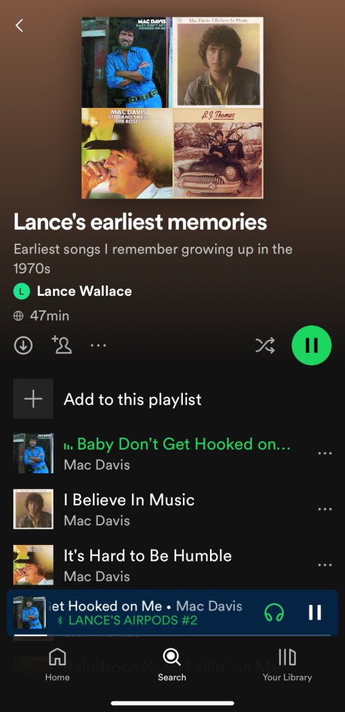 screenshot of Spotify playlist titled "Lance's Earliest Memories"