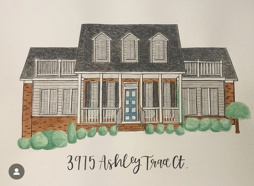 Sketch and watercolor of the Wallace family's current home in Lilburn, Georgia