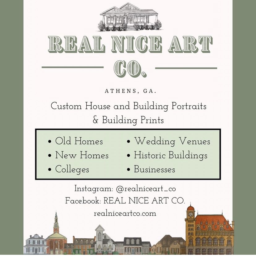 ad for Real Nice Art Co. with a sketch of a home and description of artwork available for purchase