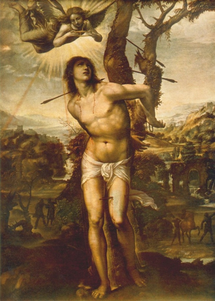 Renaissance painting of Saint Sebastian stabbed with arrows and an angel hovering overhead