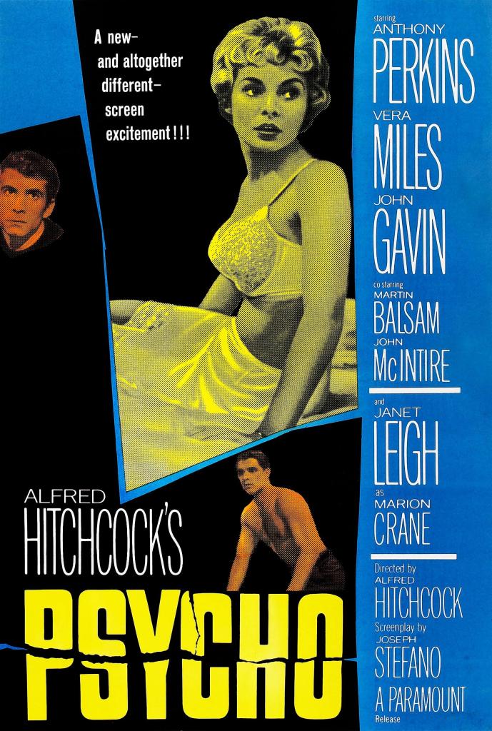 Movie poster for "Psycho" with Janet Leigh in a brassiere.