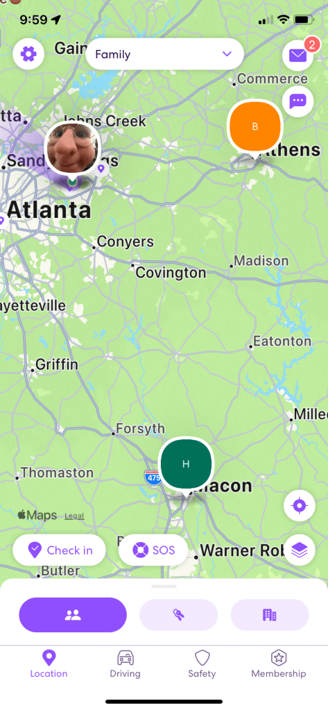 screenshot of Life 360 map showing family members location