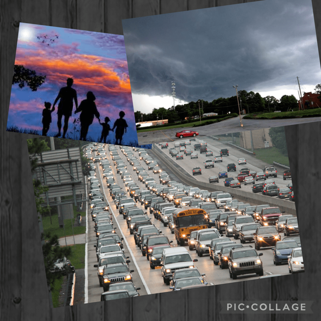collage of family walking at sunset, a traffic jam and a dark cloud over a parking lot