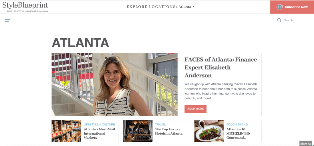 screenshot of website with portrait photo of a woman in a striped shirt