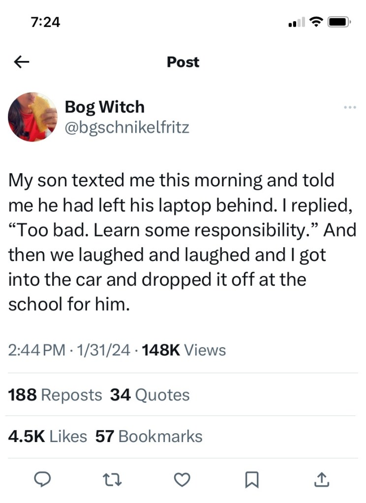 Image of Twitter post from Instagram about taking a child their laptop at school