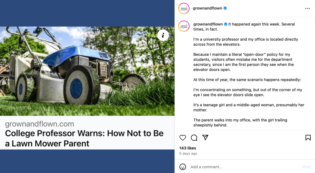Instagram screen shot of lawnmower cutting grass
