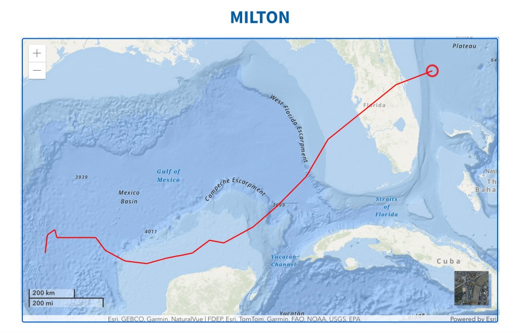 map of the Gulf of Mexico and Florida with red line showing Hurricane Milton's path