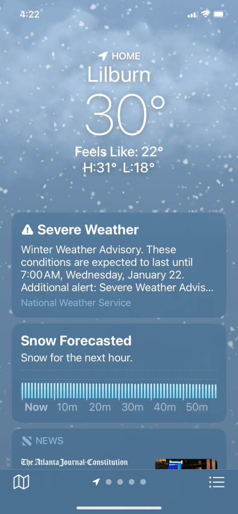 weather app screen shot showing forecast of snow