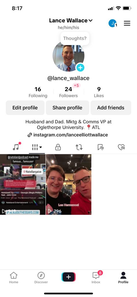 screen grab of TikTok profile for Lance Wallace