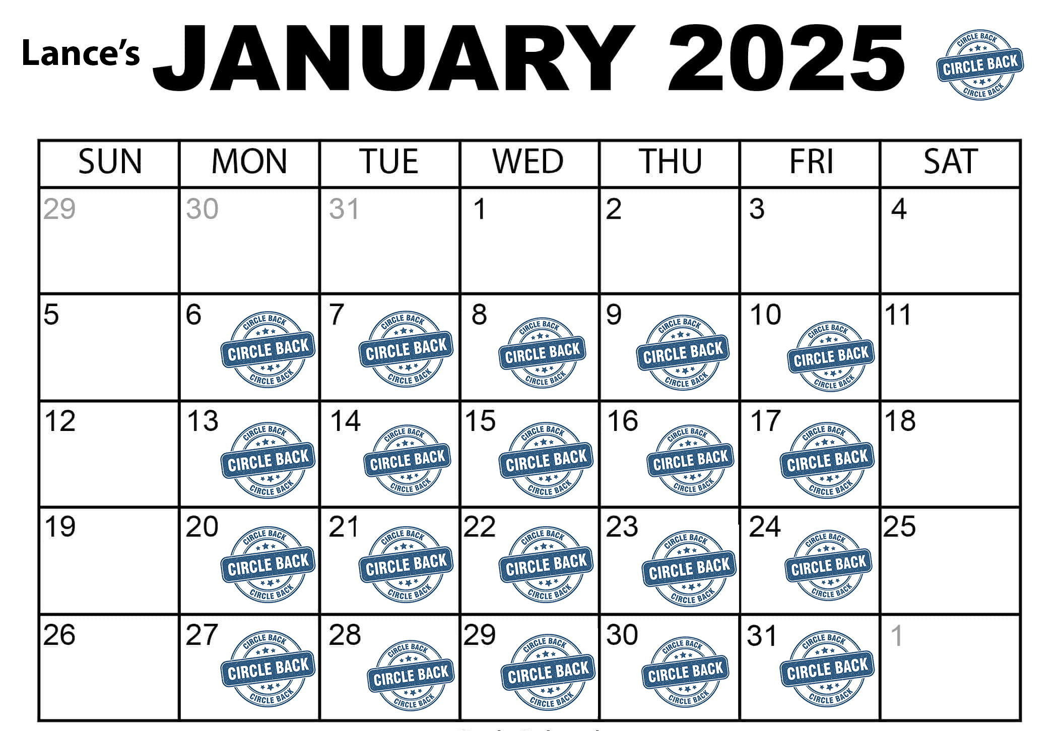 January grid calendar with "circle back" stamp printed on work days
