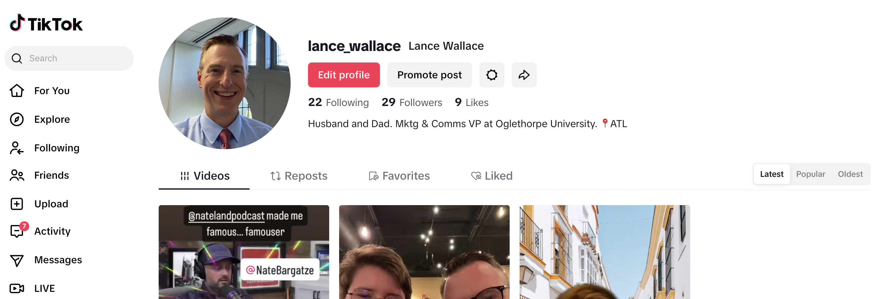 TikTok profile page with video clips and headshot of Lance Wallace