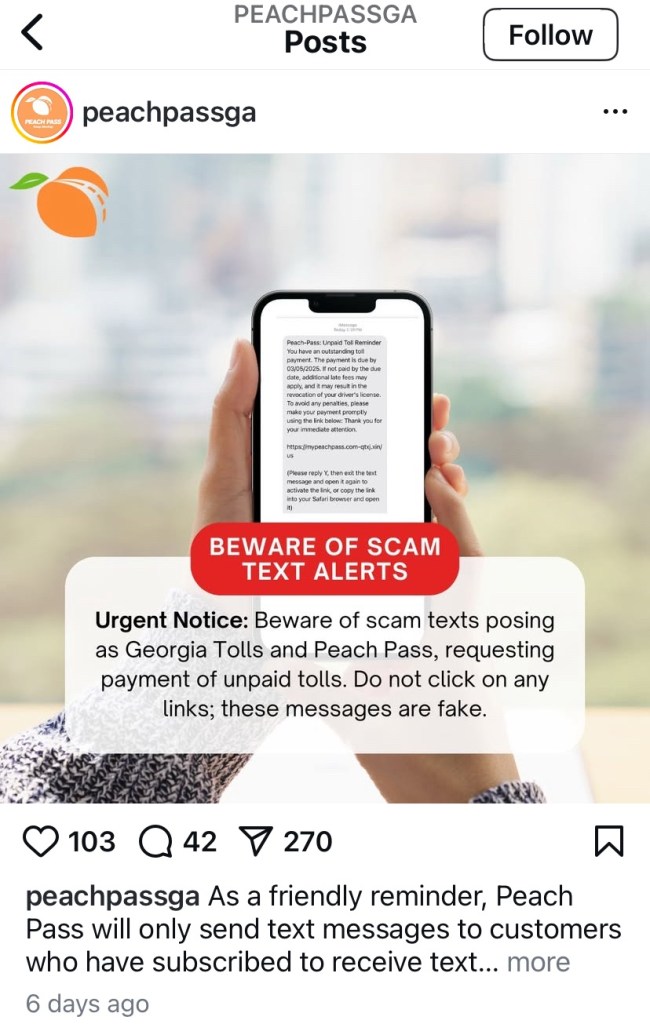 screen shot of Instagram post by Peach Pass about a scam