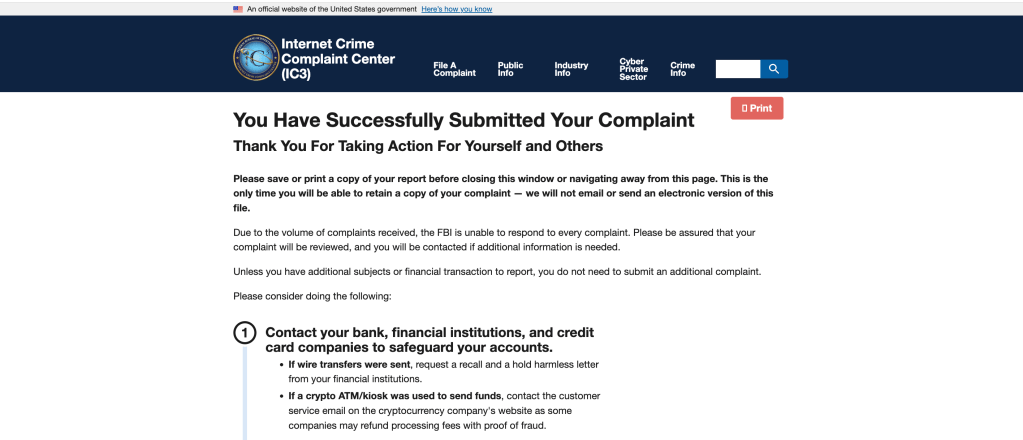 Screen grab of FBI's website for reporting cyber crime