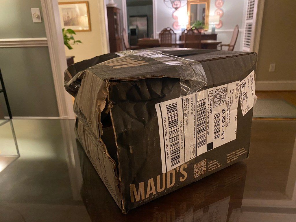 Damaged box of Maud's coffee pods