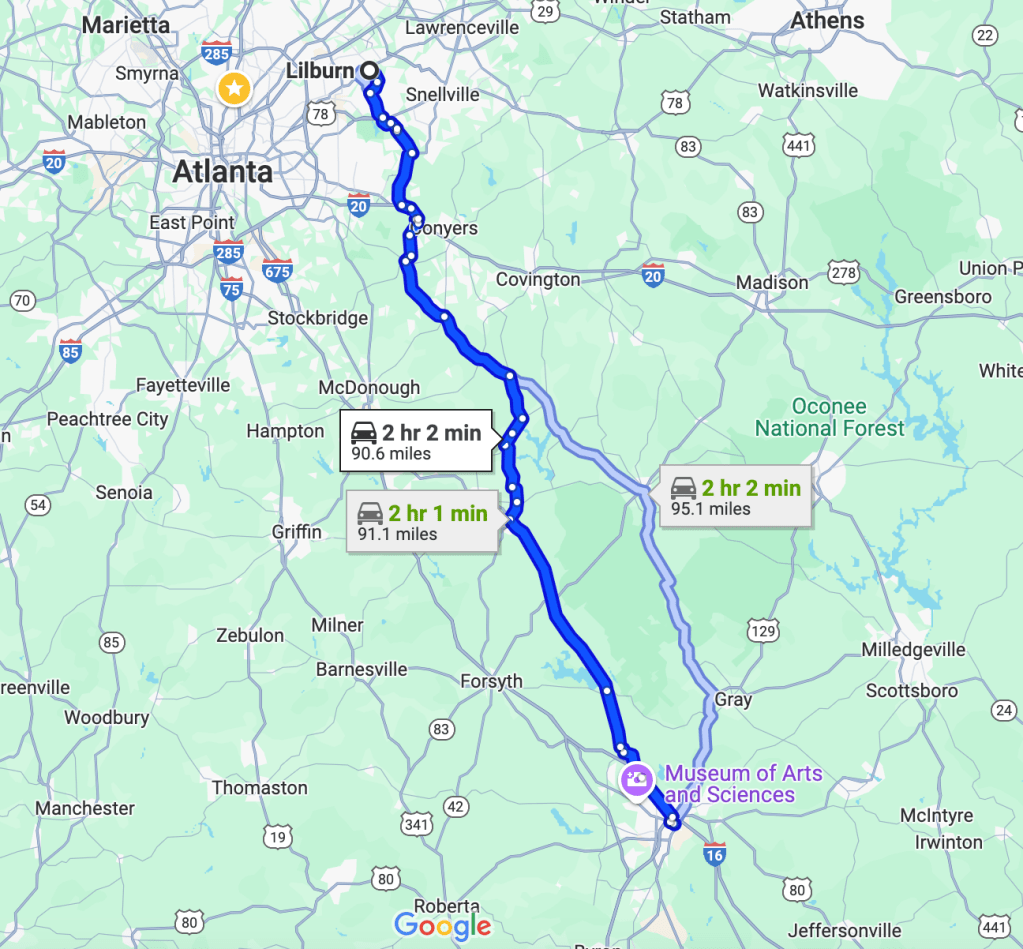Map showing route from Lilburn, Georgia, to Macon, Georgia