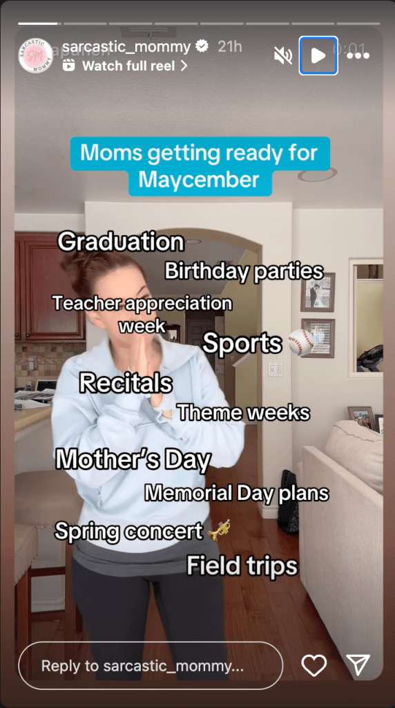 Screen grab from Instagram of a mom in her kitchen with the names of major events scattered on the screen