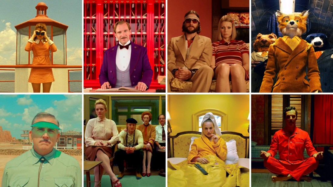 Collage of screenshots from Wes Anderson movies