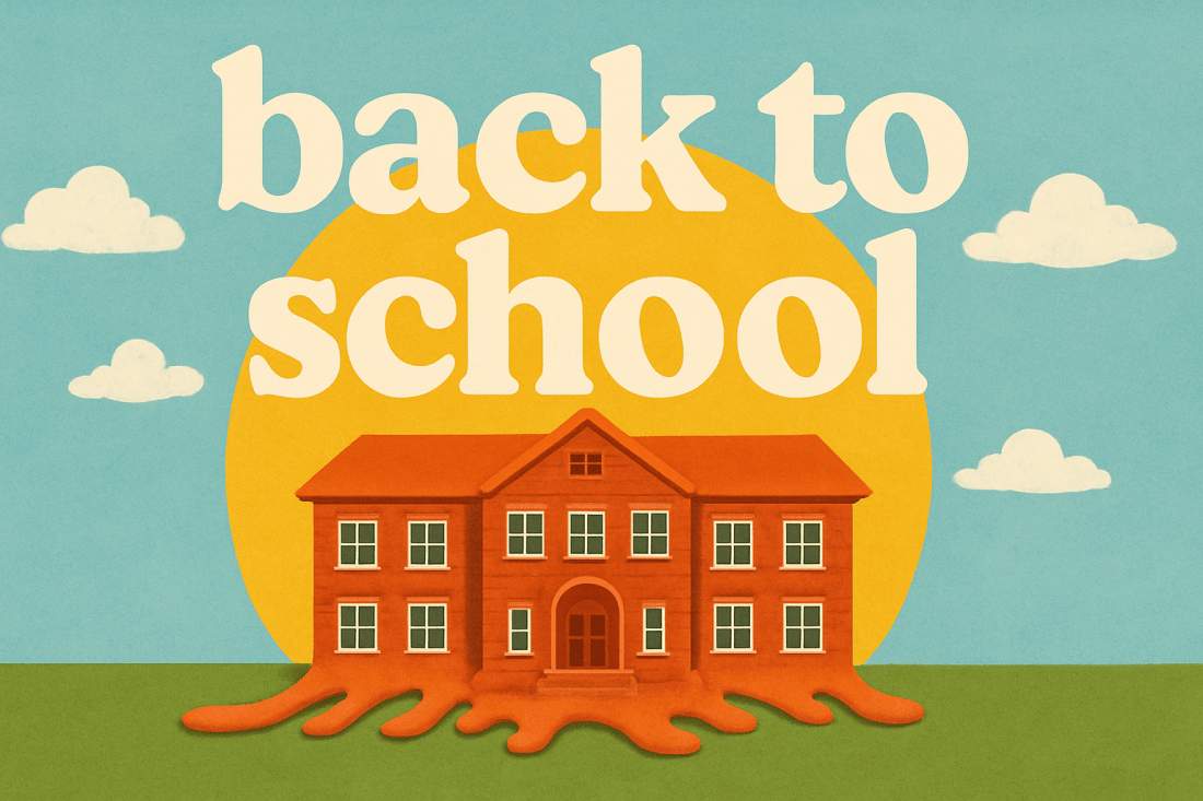 melting school building with the words back to school above it