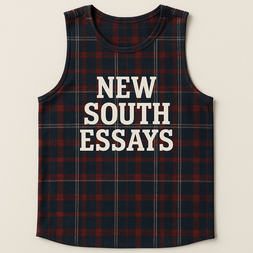 plaid flannel tank top with the words "New South Essays" on it
