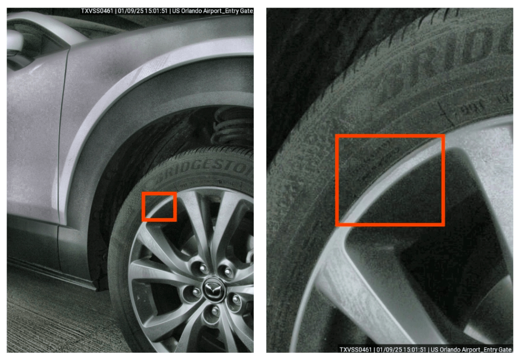front car tire with orange box highlighting scratch on rim