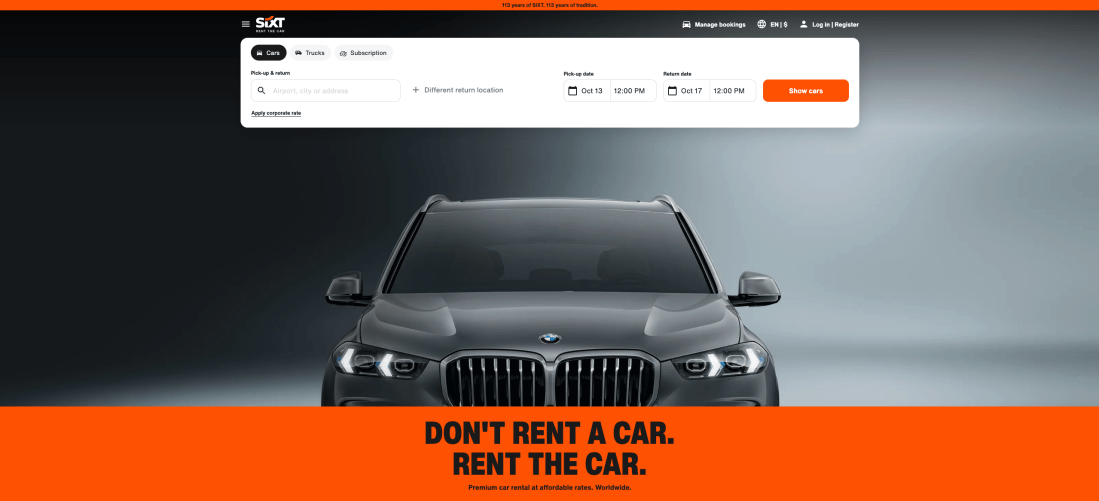Rental car company website homescreen with a BMW and the words "Don't Rent a Car. Rent THE car."