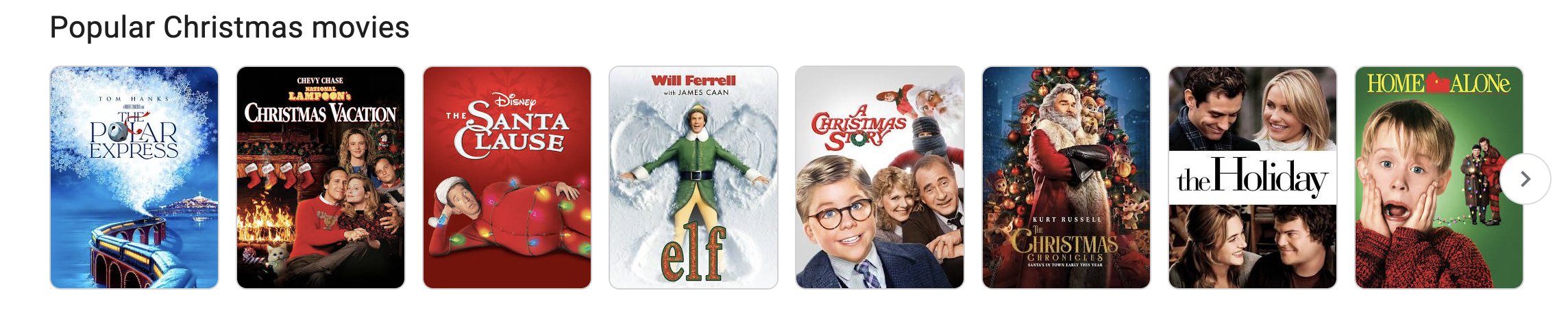A series of thumbnail images from popular Christmas movies.