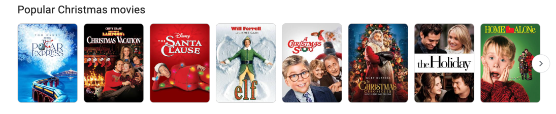 A series of thumbnail images from popular Christmas movies.