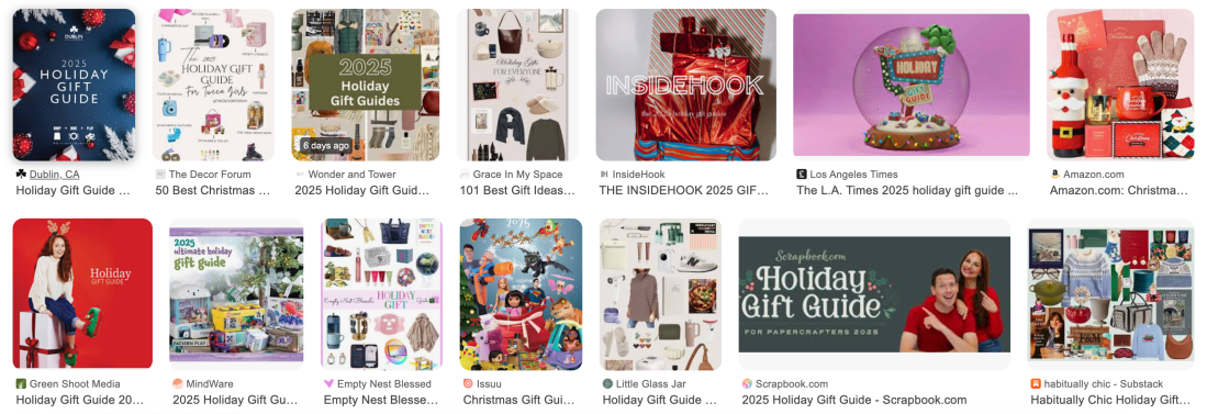 Screen shot of a variety of search results for holiday gift guides