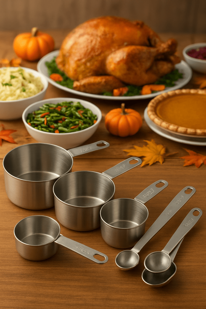 Thanksgiving turkey, pumpkin pie, green beans and other sides on a table with metal measuring cups in the foreground.