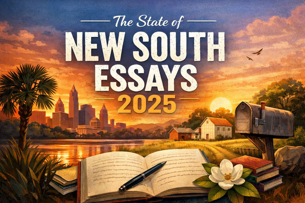 A graphic with the words "The State of New South Essays 2025" written in the sky of a sunrise over a Southern farm scene with a city in the background.