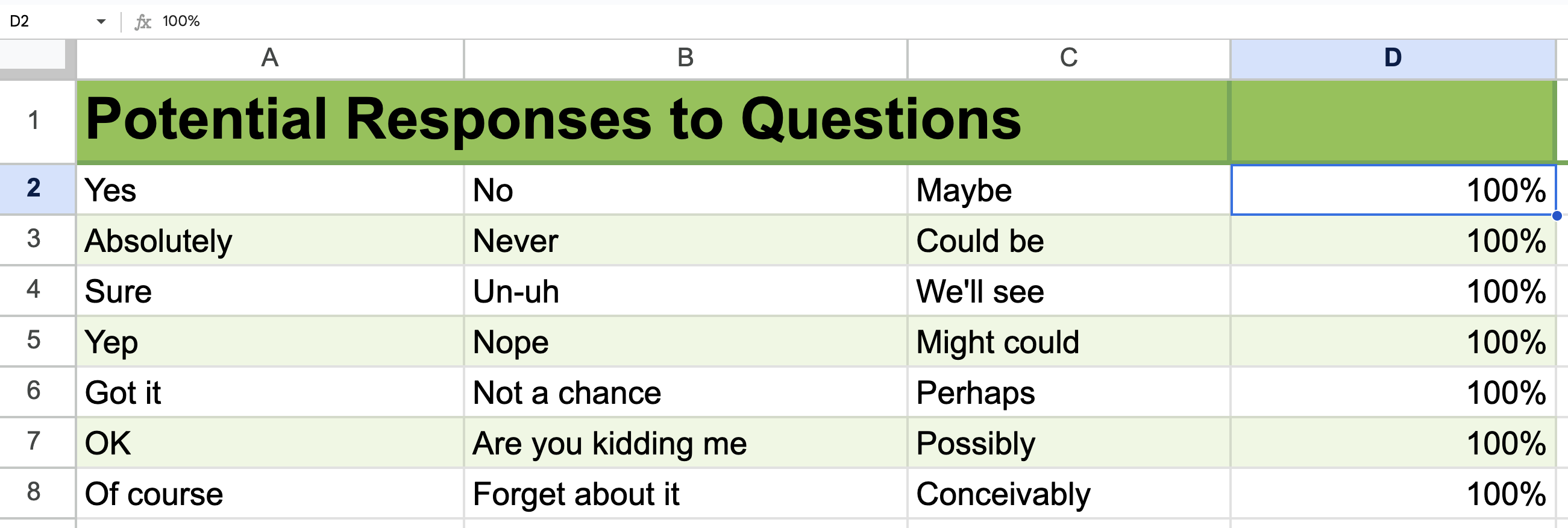 spreadsheet list of potential responses to questions