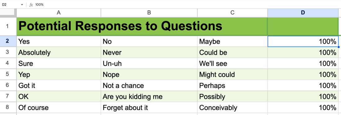 spreadsheet list of potential responses to questions