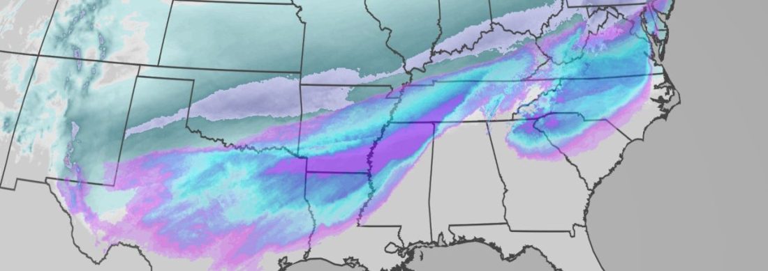 Map of Southern U.S. showing snow and ice impacts from Winter Storm Fern.