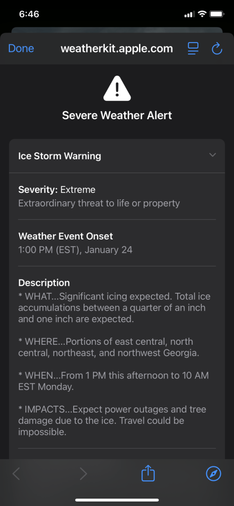 Severe weather alert from the iPhone weather app for January 24, 2026.