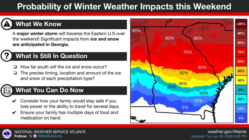 Graphic showing the probability of winter weather impacts from the National Weather Service.