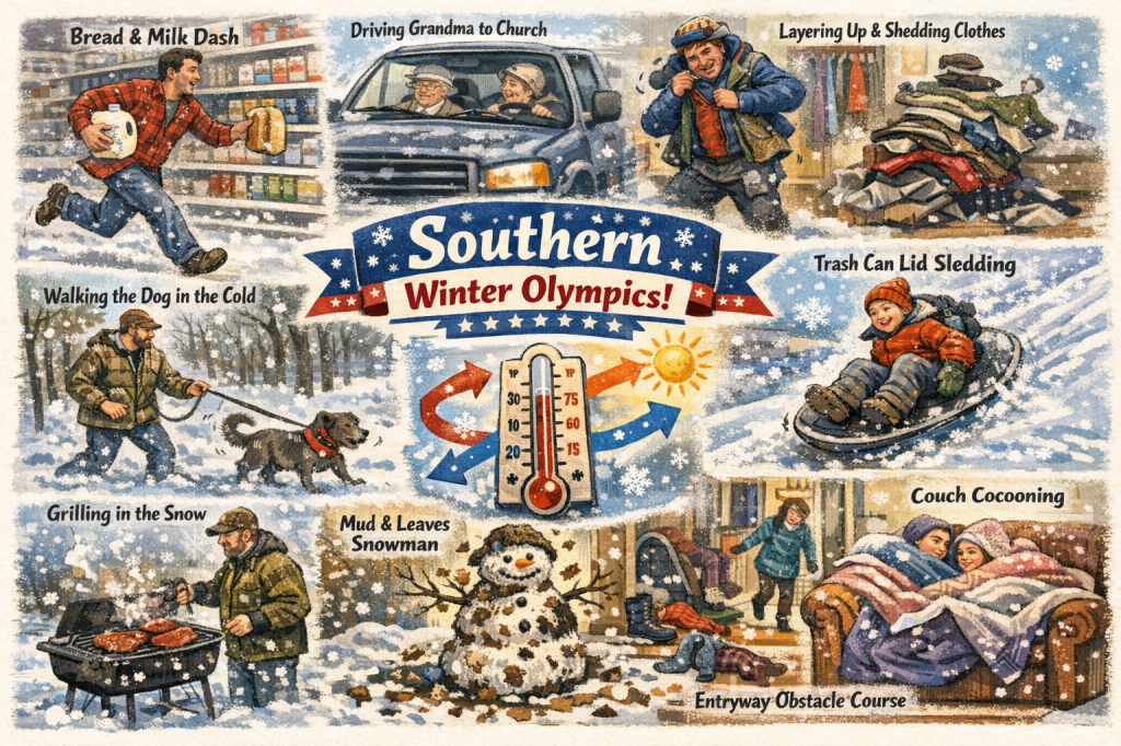 A collage depicting a man running through a grocery store with milk and bread, a woman driving an elderly woman in a car, a man wearing multiple layers of clothes, a pile of clothes, a man walking on a dog in snow, a thermometer showing 75 degrees, a child sledding on a trash can lid, a man in heavy coat grilling in snow, a snowman covered in mud and leaves, a woman navigating the entryway of her home around piles of clothes, and two people on a couch covered in blankets.