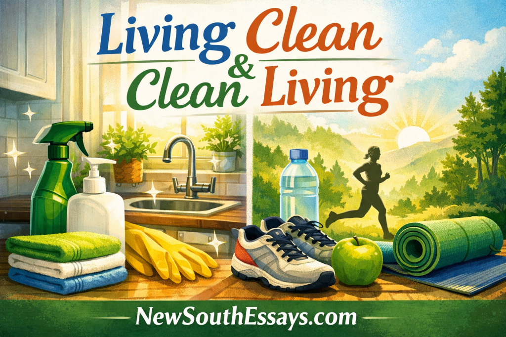 Graphic with the words "Living Clean and Clean Living" showing a scene of a clean kitchen next to a scene of a female figure running through a sunlit woods with a bottle of water, running shoes, apple and yoga mat in the foreground.