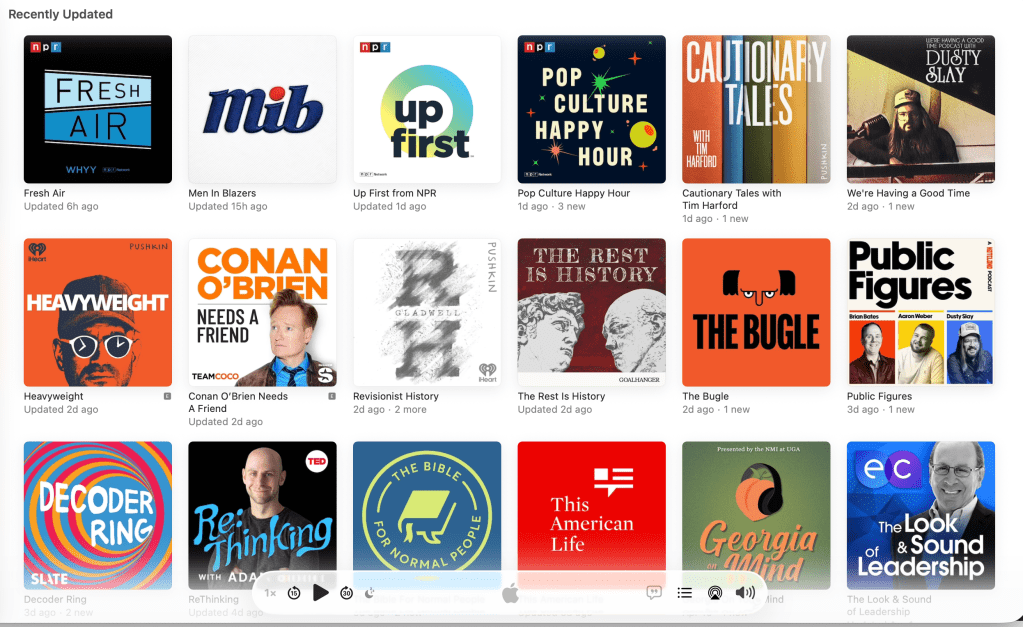 Screen shot of tiles of 18 different podcasts
