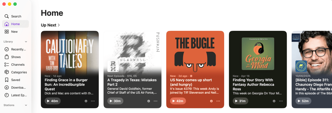 Screen grab of five podcast thumbnail tiles from "Up next" screen.