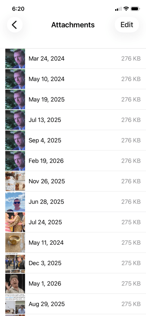 screen grab of text message attachments to be deleted
