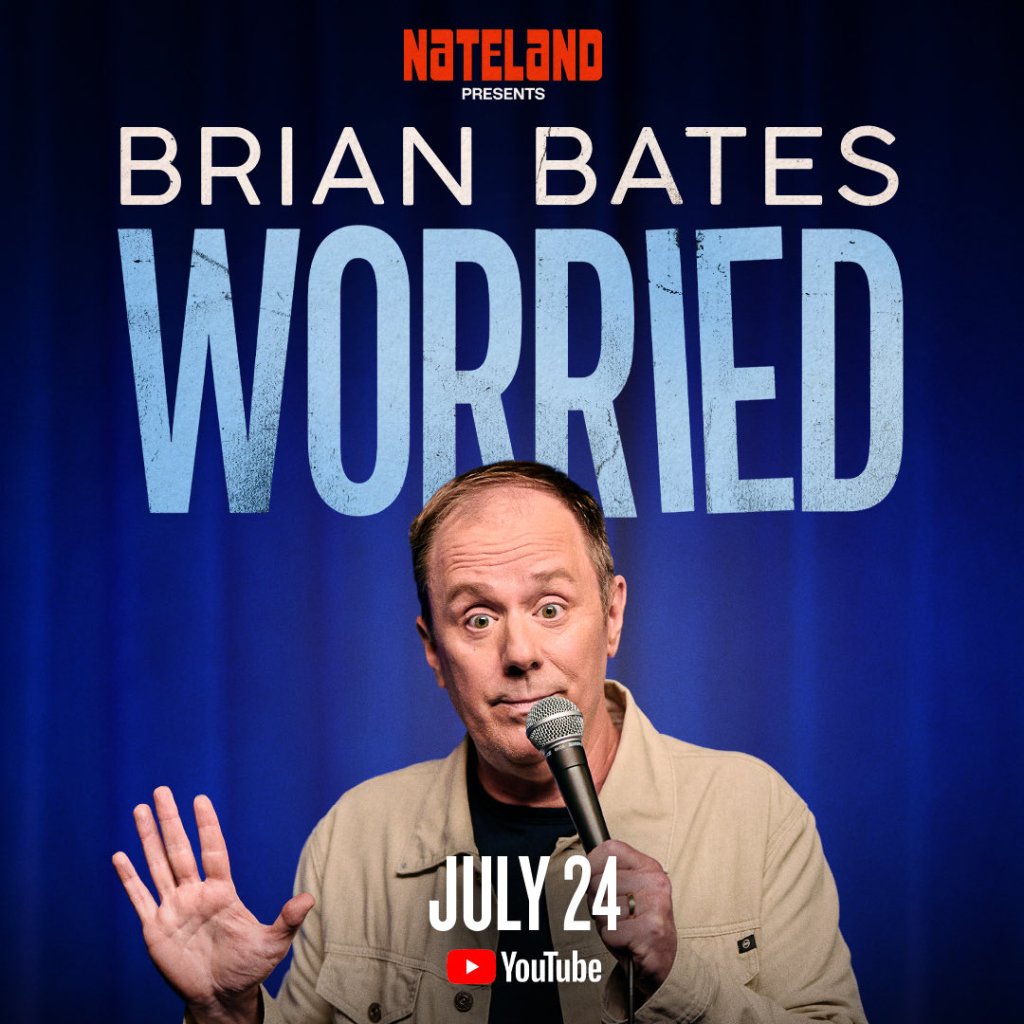 A man holding a microphone in front of a blue curtain with the words "Brian Bates Worried" above him.