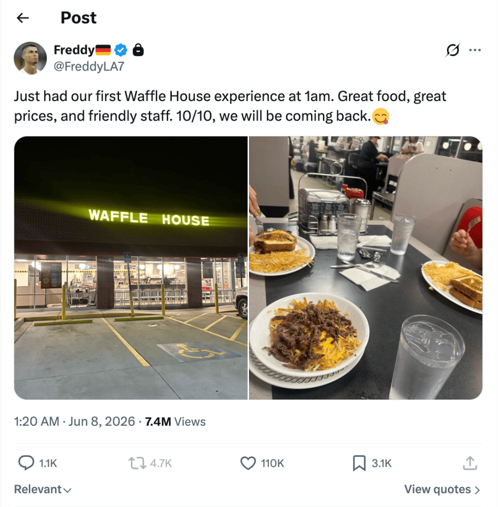 Post from FreddyLA7 of a Waffle House restaurant exterior and a table of food